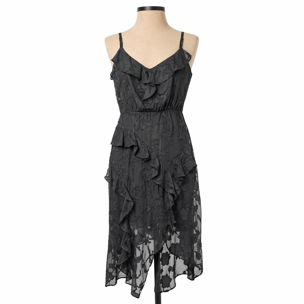 Y2K Floral Burnout Sheer Ruffle Dress Sz S Black Whimsigoth Dark Romantic Witchy